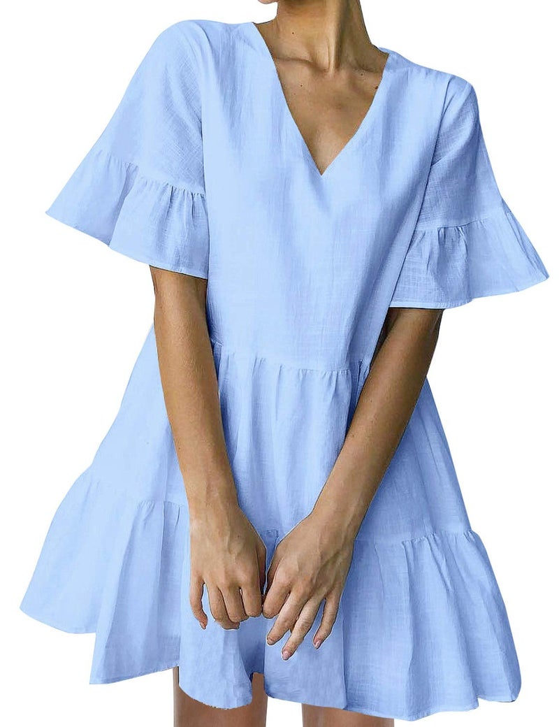FANCYINN Womenâ€™s Sweet Shift Tunic Dress Short Bell Sleeve V Neck Causal Swing Red Ruffle Mini Dress with Pockets Light Blue L - Image 1